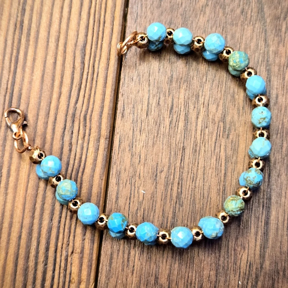 The Frontier's Genuine Faceted Turquoise In Handwoven Antique Copper Bracelet